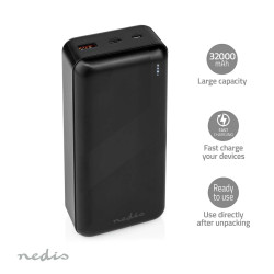 Batterie de secours externe Nedis - 32000 mAh, 2 sorties USB-C/USB-A, PD 65W